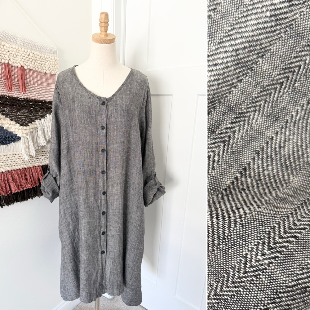 Flax Gray Button-Down Midi Dress